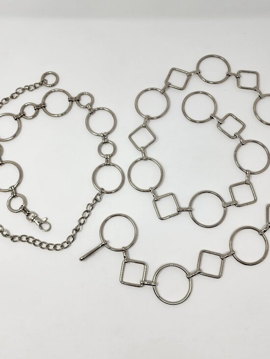 Vtg 80s 90s Womens Silvertone Metal Circle & Squares Chain Belts Lobster Clasp